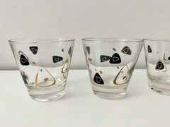 Set of (4) Vintage Federal Amoeba Boomerang Atomic Cocktail Glasses Black Gold
