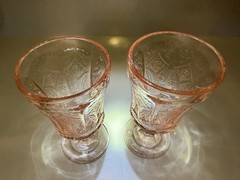 Vintage Indiana Glass Company pink goblets in Madrid or Recollection pattern