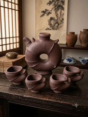 Vintage Chinese Pottery Wine Set Sculptural Donut Decanter & 4 Cups Brown Clay