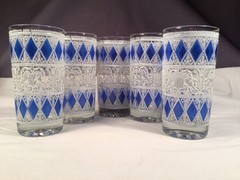 West Virginia VTG Rainer Blue White HIGHBALL SET 5 COCKTAIL GLASSES 5 1/2” MCM