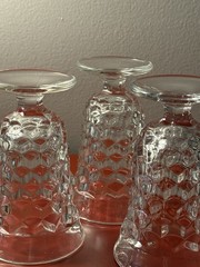 4 Vintage Fostoria American Clear Footed 4 oz Juice Glasses 4-3/4″ Tall, Cubist