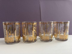 4 Vtg Mid Century 22k Gold DOF Lowball Glasses Asian Theme Geisha ~ Bird Cage