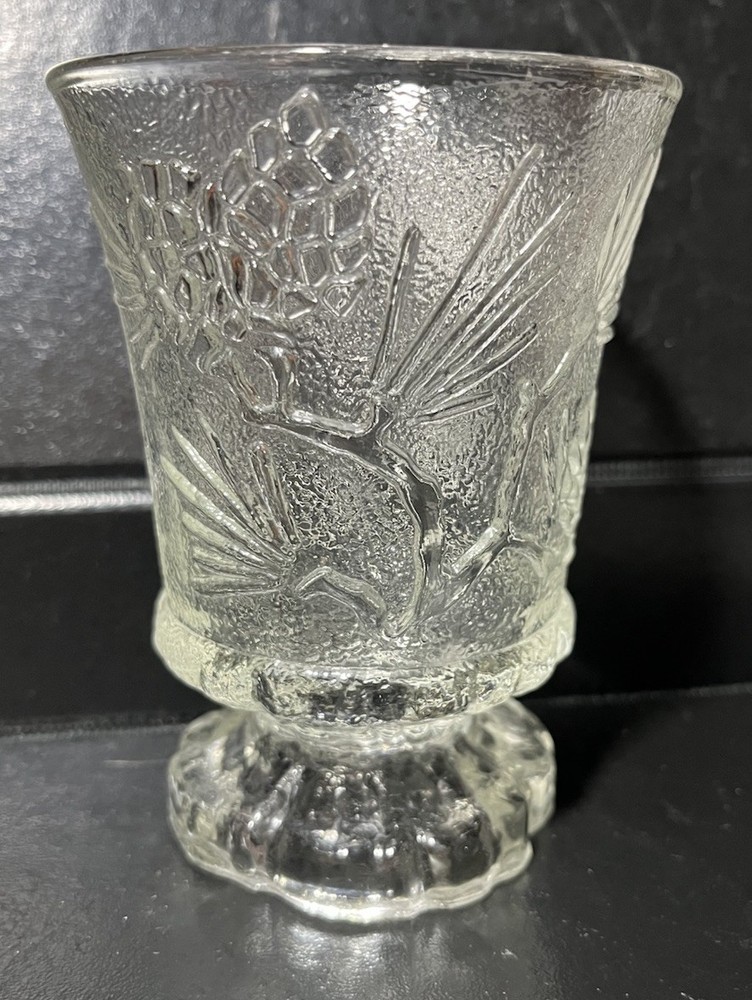 Vtg. Pinecone Ponderosa Pine Footed Tumbler Glass 4.5” Tall, Indiana Glass Clear
