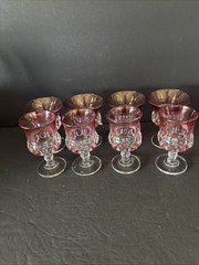 Kings Crown Thumbprint Cranberry Cordial Glasses-(8)-Cranberry Flashed EUC