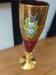 Venetian Murano Ruby Glass champagne W/ Gold Hand painted Floral Goblet Glass