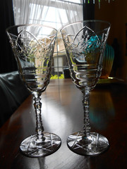 Normandy Rock Sharpe Wine Glasses, SET 2, 7-3/4” Stem #3005 Cut Glass