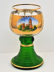 VINTAGE ROEMER GERMANY LARGE ETCHED GOBLET GLASS GREEN CLEAR GOLD
