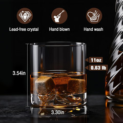 Whiskey Glasses Set of 2, 11oz Lead-Free Crystal, Iceberg Base, Freezer Safe
