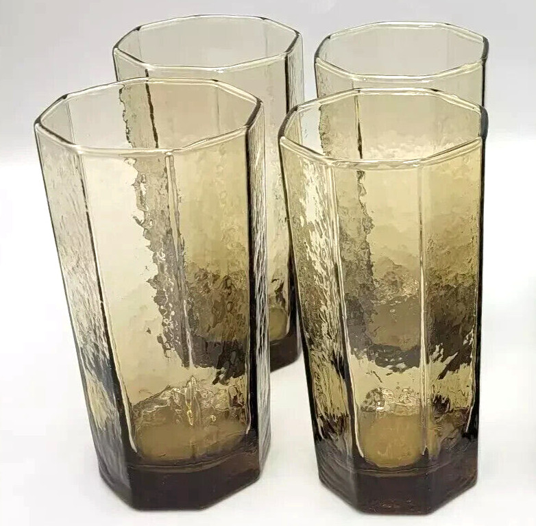 Set 4 LIBBEY FACETS TAWNY BROWN Textured OCTAGON PANEL GLASS 12 oz TUMBLERS 5.5″