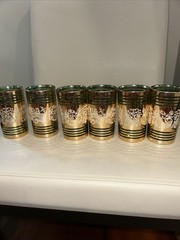 Mid-Century Drinking Glasses Green & gold gilt, Set 6 made in Korea