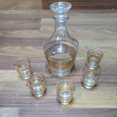 22KT Gold Leaf Painted MCM Glass Decanter & 5 Shot Glasses 1960’s RARE France