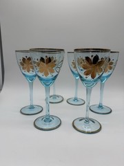 VTG 1960’s Romanian Teal Glasses. 22 K Gold Rim Flower Gilt. Set Of 6