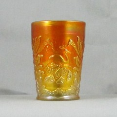 FENTON FLUFFY PEACOCK MARIGOLD CARNIVAL GLASS TUMBLER
