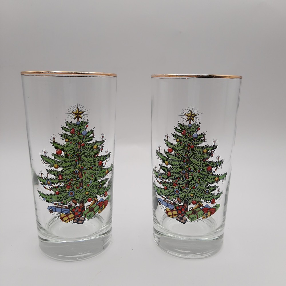 Christmas Tree Highball Glasses Tumblers Gold Rim Set of 2 Green Red