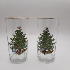 Christmas Tree Highball Glasses Tumblers Gold Rim Set of 2 Green Red