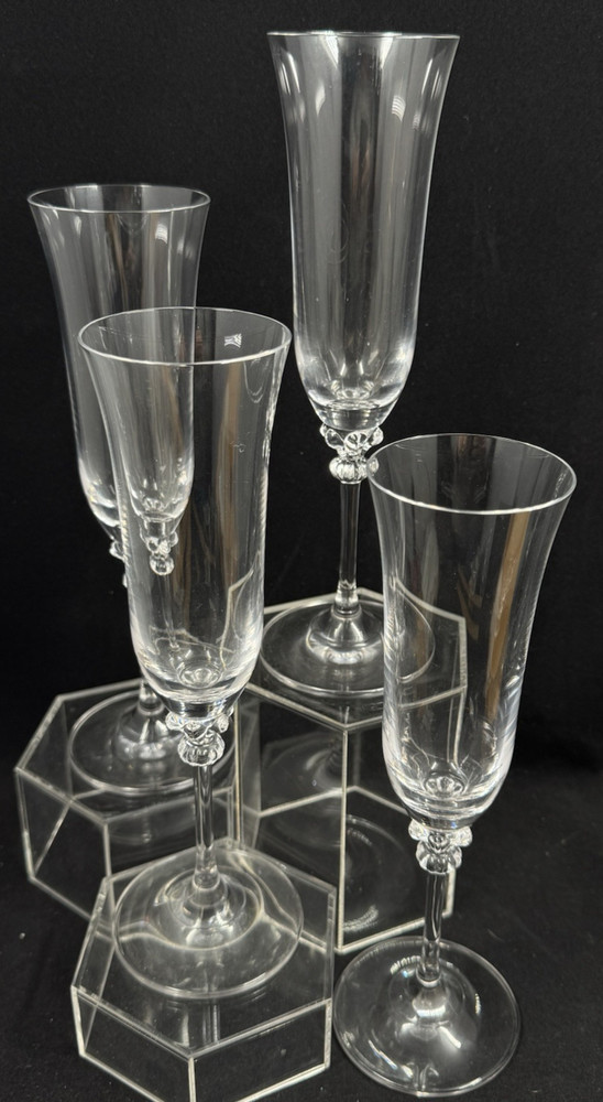 Towle Crystal Champagne Flutes Flared Bowl Lobed Coin Stems 8-5/8″ Set Four (4)