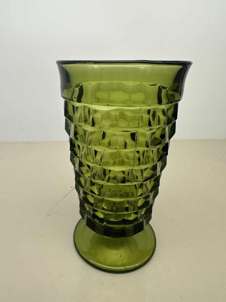 Vintage Indiana Glass Whitehall Avocado Green Cubist 12oz iced tea glass MCM