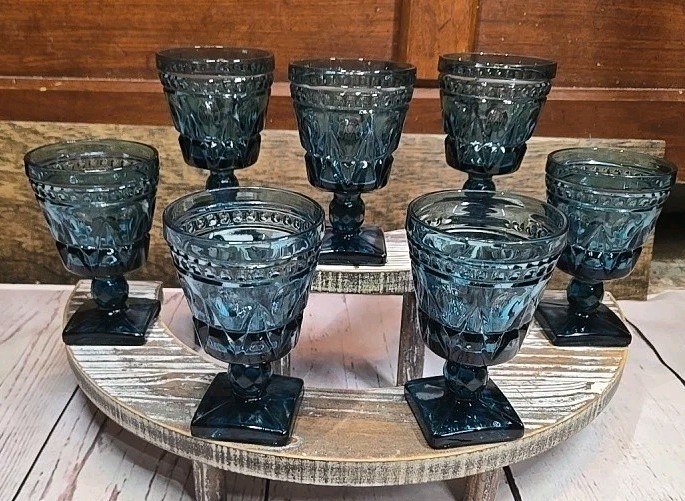Vintage Indiana Glass Colony Park Lane Teal Blue Juice Wine Goblets 4 1/4” Set 7