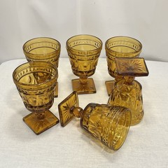 6 Vtg Indiana Glass Amber Colony Parklane Goblets Square Base Footed 5.5″ MCM