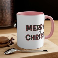 Two-tone Accent Ceramic Mug 11oz – Merry with Christ – Red and Green Plaid Chris