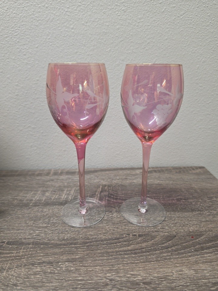 Cranberry Royal Gallery Etched Crystal 8.5″ Wine Glasses- Set Of 2