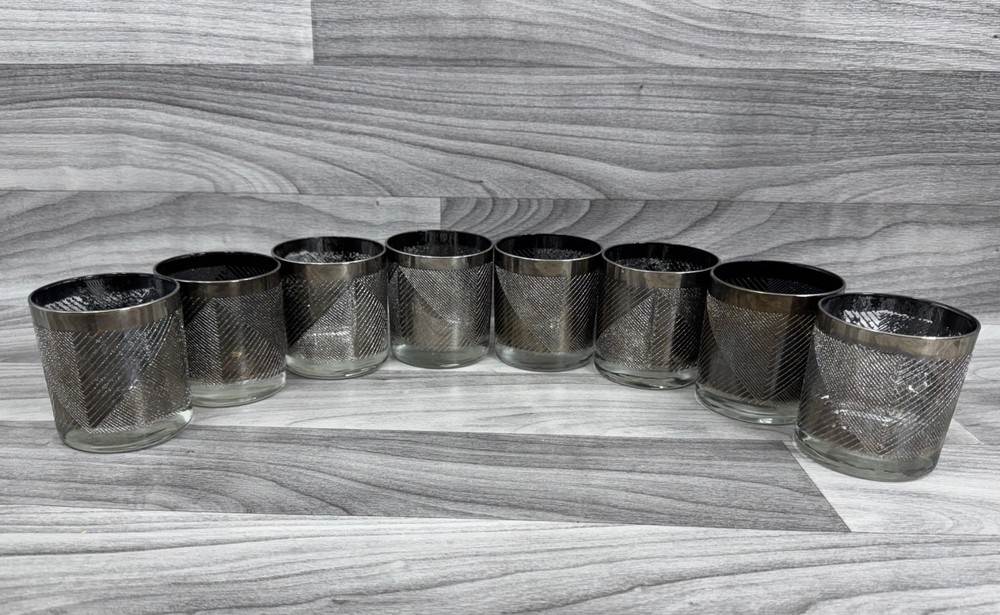 VINTAGE MCM ON THE ROCKS GLASSES BLACK SILVER TEXTURED GEOMETRIC SET OF 8 1950S