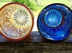 CARNIVAL GLASS Blue & marigold Britt Tumblers by KARHULA of Finland hard to find