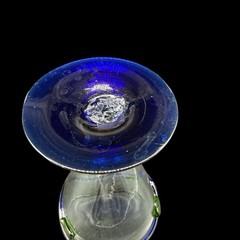 Vintage Hand Blown Art Glass Cobalt Blue & Green Applied Swirl Dot Wine Goblet
