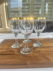 Vintage MCM Wine Glasses Set of 4 Gold Etched Rim Elegant Barware 6.75” Tall