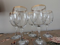 Set of 5 Vintage Crystal Double Gold Rimmed Water Goblets MCM Elegant Handblown
