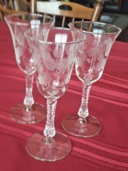 Vtg Libbey Rock Sharpe #3007 Blossoms Wine Glasses Set Of 3 Cut Stems
