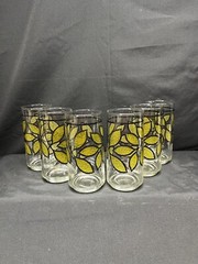 6 Vintage MCM 6” Clear Glass Tumblers With Raised Green Enamel Leaves