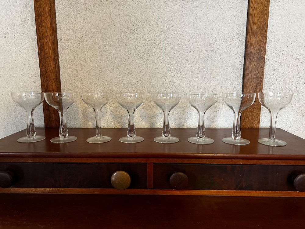 Set of 8 Vintage Tall Hollow Stem Champagne Coupe Glasses