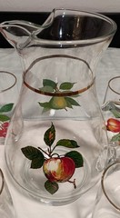 Vintage West Virginia Glass 10″ Pitcher Tumblers 5″ Hand Painted Fruit🍑🍎Gold
