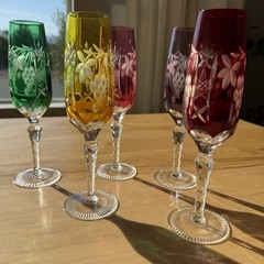 Ajka Crystal Cut to Clear Champagne Flutes Grape Pattern Rainbow Set Of 5