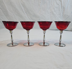 Paden City Ruby Red Glasses with removable Chrome Metal Stem Set 4 MCM VTG 1930s
