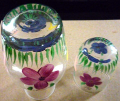 Tumble Up Hand Painted Pitcher Carafe Flowers Butterfly Clear Glass Vintage