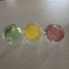 3 Handblown Granite Roly Poly Glasses di Sciacca 6oz Clear Red Yellow Green Base