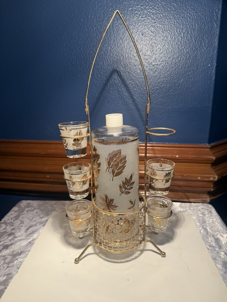 Vintage MCM Libbey Bar Set with Caddy and 5 Shot Glasses Barware