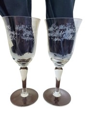 Vintage Etched Victorian Water Goblet Wine Glass Pair Romantic Couple Fountain