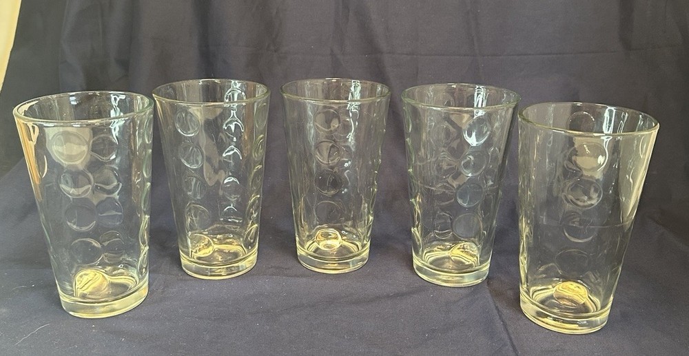 (5) Five Libbey Clear Glass Urban Dot Tumbler Glasses Vintage 12oz 5.75”