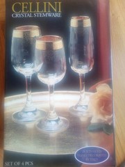Cellini wine 24k Gold Rimmed Crystal Etched Stemware Glasses Set Of 4 Italy