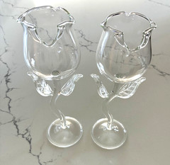 Pair Hand Blown Art Glass Tulip Wine Goblets Floral Stem Clear Glass 24 cm