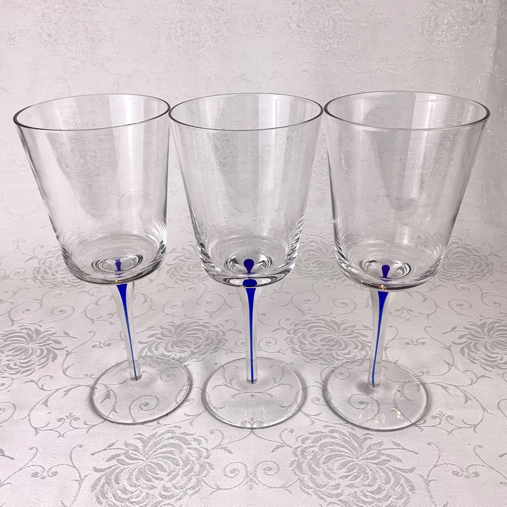 3 Filament Stem Cobalt Blue Teardrop Wine Glasses Straight Side Hand Blown EUC