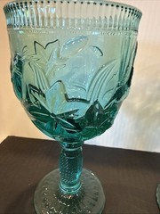 Water / Wine Glasses Embossed Hummingbird Teal Green Set of 2