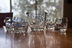 Giorgi Italy Ice Bucket And (5) Rocks Glasses Hand Painted Blue Flowers MCM