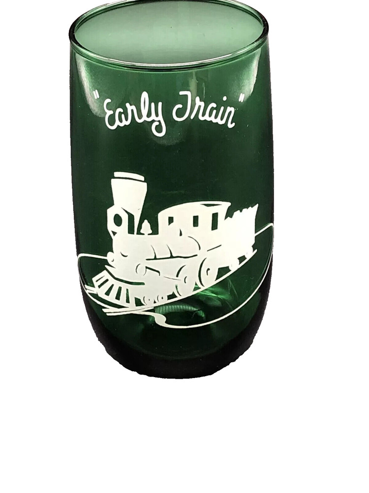 Anchor Hocking Glass Co. Forest Green “Early Train” Railroad Tumbler Vintage