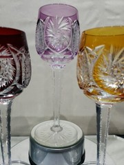 3 Wine Glasses Hocks Goblets Amber, Purple. & Red Cut to clear Crystal Buzzstars