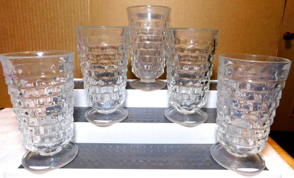 Indiana Glass~Whitehall Cubist Drinking Glass Clear 10-12 oz. Vintage 5Pc Set