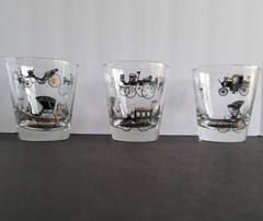 3 VTG Libby 8 Oz Black Gold Trim Clear Antique Automobile Car Rocks Glasses